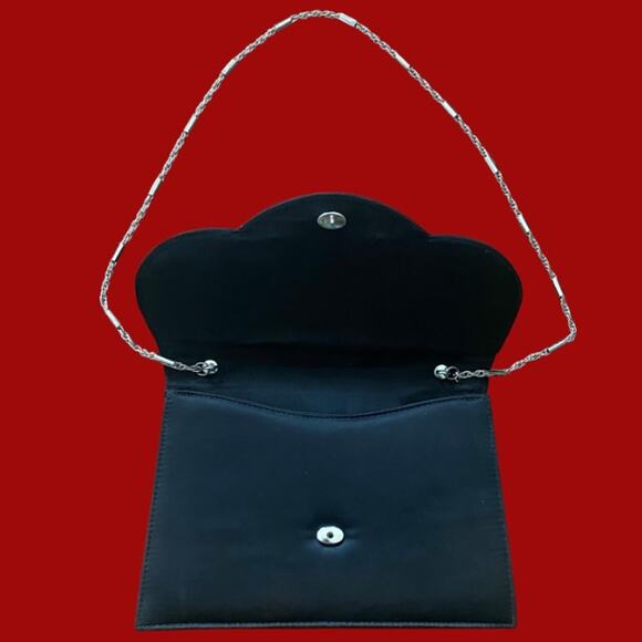 Vintage Black Satin Evening Bag with Silver Fan Decal and Chain Shoulder Strap - Picture 10 of 12